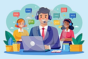 A customer service manager supports two teammates at a call center while handling inquiries, Customer service manager at a call photo