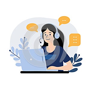 Customer service, online support, call center and operator concept. Woman in headphones with laptop and microphone