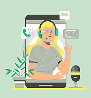 Customer service, operator with headset. Technical support or call center concept vector. Hotline in company illustration. 24 on 7