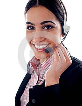 Customer service operator holding mic