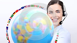 Customer service operator woman with headset smiling, globe