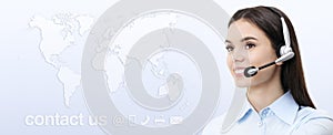 Customer service operator woman with headset smiling, world map