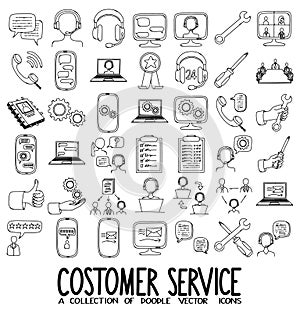 Customer Service Related Doodle vector icon set. Drawing sketch illustration hand drawn line eps10