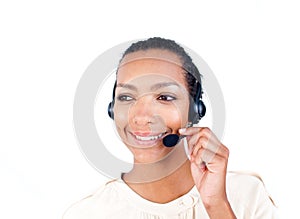 Customer service representative with headset on