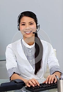 Customer service representative with headset on