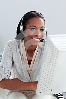 Customer service representative with headset on