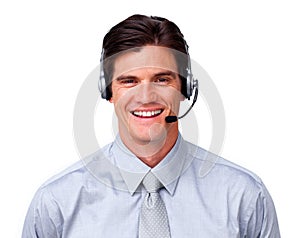 Customer service representative with headset on