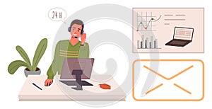 Customer service representative with headset assisting client via computer in a modern workspace