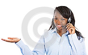 Customer service representative pointing at copy space