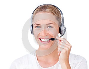 Customer service representative using headset