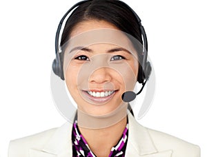 Customer service representative using headset