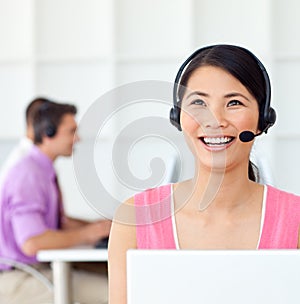 Customer service representative using headset