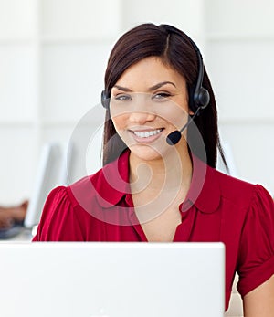 Customer service representative using headset