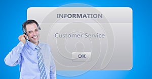 Customer service representative using headset by dialog box