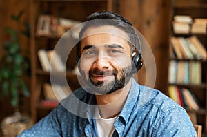 Customer service representative wearing a headset