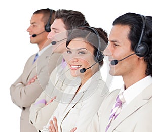 Customer service representatives standing in a row