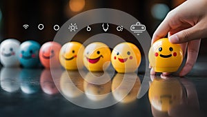 Customer service and satisfaction survey concept. Hand choose smiley face on yellow and red toy