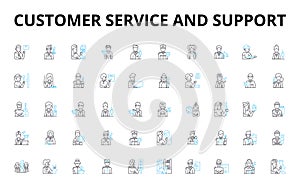 Customer service and support linear icons set. Satisfaction, Empathy, Feedback, Communication, Reliability