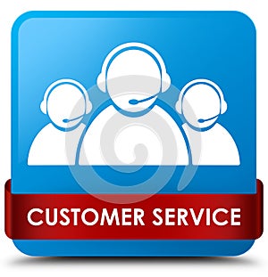 Customer service (team icon) cyan blue square button red ribbon