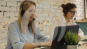 Customer service team woman call center smiling operator phone