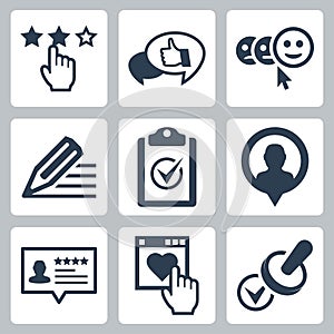 Customer service and testimonials related icon set