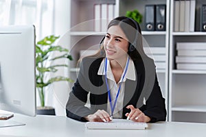 Customer service, woman call center agent giving advice online. Support with hotline consultant working for contact us