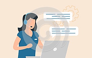 Customer service. Woman with headphones and microphone with laptop. Concept illustration for support, assistance, call center.