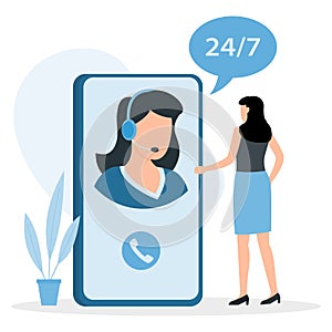 Customer service, woman hotline operator advises client, online global technical support 24 7