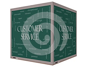 Customer Service Word Cloud Concept on a 3D cube Blackboard