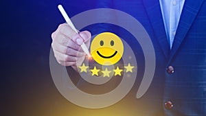 Customer services best excellent business rating experience, Positive Review and Feedback, Satisfaction survey concept. Hand of a