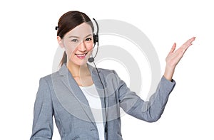 Customer services with headset and open hand palm