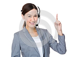 Customer services officer with finger point up