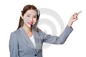 Customer services officer with finger point upwards