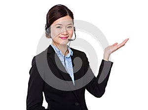 Customer services operator with open hand palm