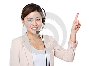 Customer services representative and finger point up