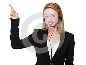 Customer services representative with finger point up