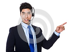 Customer services representative with finger point up