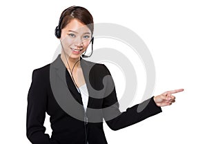 Customer services representative with finger up