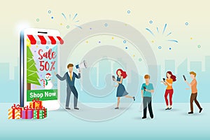 Customer shopping at online shop on smartphone with sales discount on Christmas and new year holiday. Social media marketing,