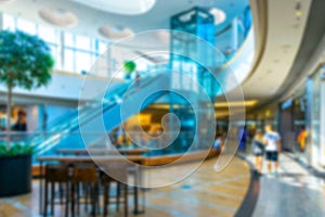 Customer store blurred background. People shopping in modern commercial mall center. Interior of retail centre store in soft focus