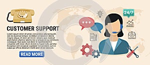 Customer support banner. Customer care concept design. Icon set of phone, online support, gears, email, business chart