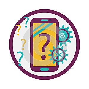 Customer support, call center, management . Mobile phone, question mark, gears. Vector illustration