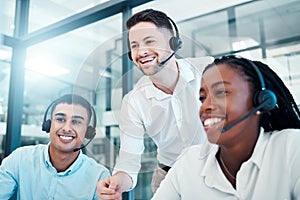Customer support, call center and team working together in office, manager helping workers. Diversity, teamwork and boss