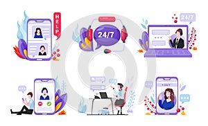 Customer support cartoon set. Client service. Call center, online feedback, helpline. photo