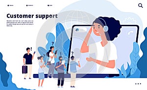 Customer support concept. Professionals help client with smartphone. Telemarketing communications vector landing page