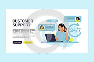 Customer support concept. Woman hotline operator advises clients. Online technical support. Landing page template. Vector