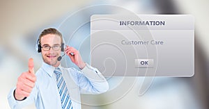 Customer support executive showing thumbs up by dialog box