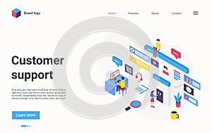 Customer support hotline center concept isometric landing page, online helpdesk service