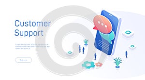 Customer support landing page template. Chat icon on phone screen. Can be used for web banners, infographics. Isometric