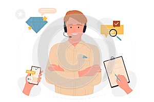 Customer support live service, hands holding query form, phone with chat and feedback